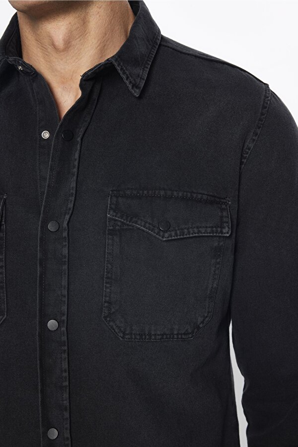 Tudors Erkek Slim Fit Dar Kesim Uzun Kollu Denim Çift Cep Çıtçıtlı Siyah Gömlek
