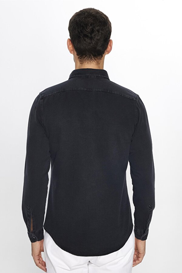 Tudors Erkek Slim Fit Dar Kesim Uzun Kollu Denim Çift Cep Çıtçıtlı Siyah Gömlek