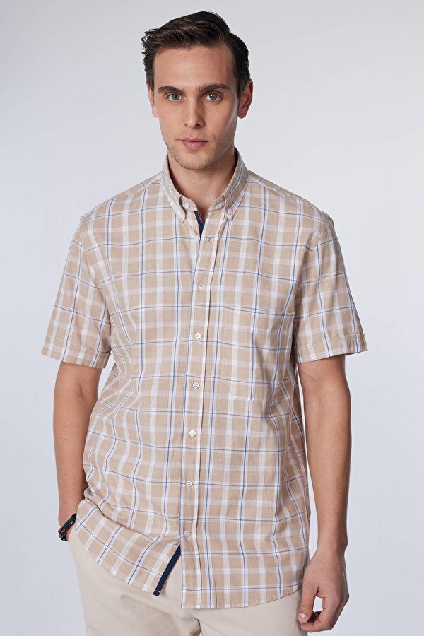 Tudors Erkek Klasik Fit Normal Kesim Kısa Kollu %100 Pamuk Keten Doku Tek Cepli Kareli Düğmeli Yaka Gömlek