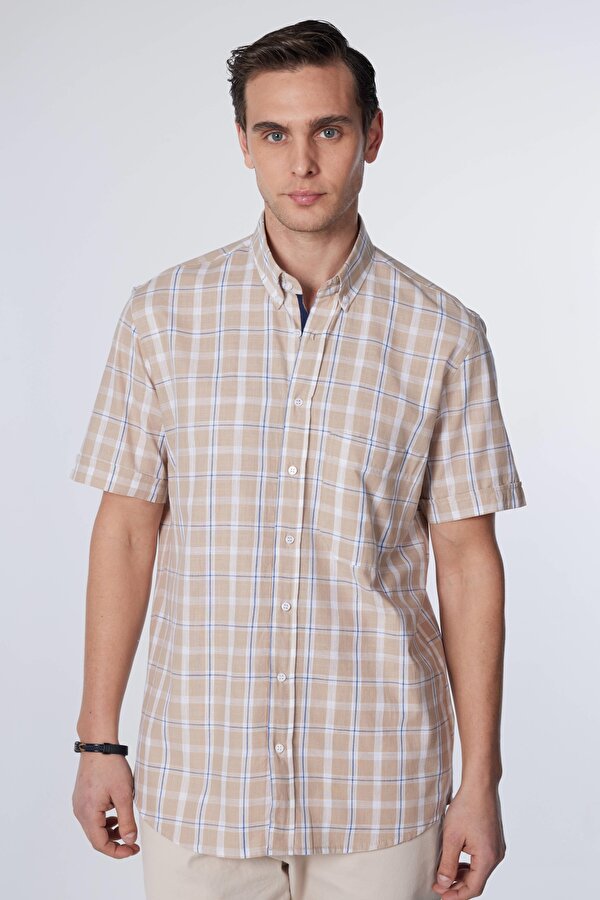 Tudors Erkek Klasik Fit Normal Kesim Kısa Kollu %100 Pamuk Keten Doku Tek Cepli Kareli Düğmeli Yaka Gömlek