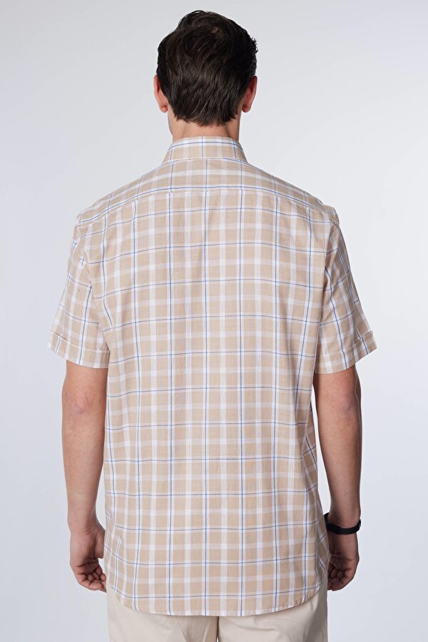 Tudors Erkek Klasik Fit Normal Kesim Kısa Kollu %100 Pamuk Keten Doku Tek Cepli Kareli Düğmeli Yaka Gömlek