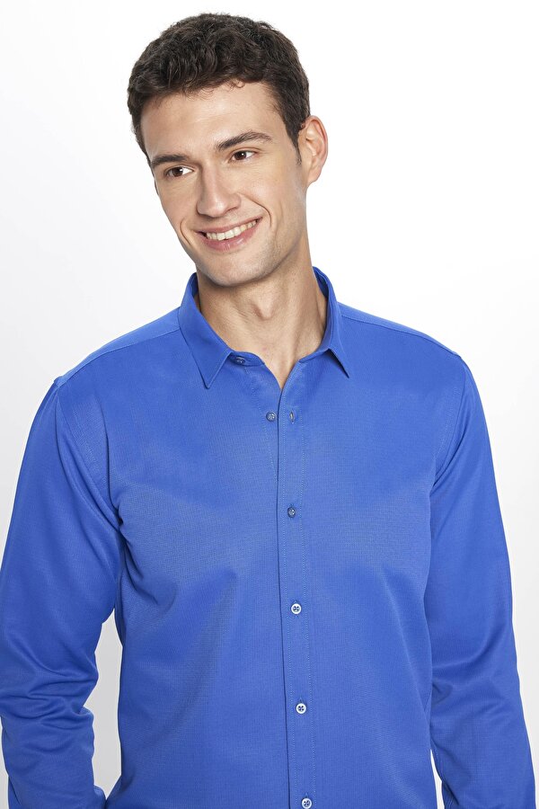 Tudors Erkek Modern Slim Fit Dar Kesim Uzun Kollu Pamuklu Kolay Ütü Armürlü Sax Mavi Gömlek