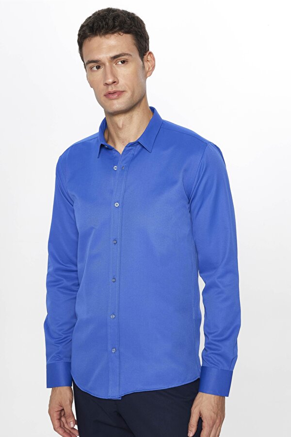 Tudors Erkek Modern Slim Fit Dar Kesim Uzun Kollu Pamuklu Kolay Ütü Armürlü Sax Mavi Gömlek