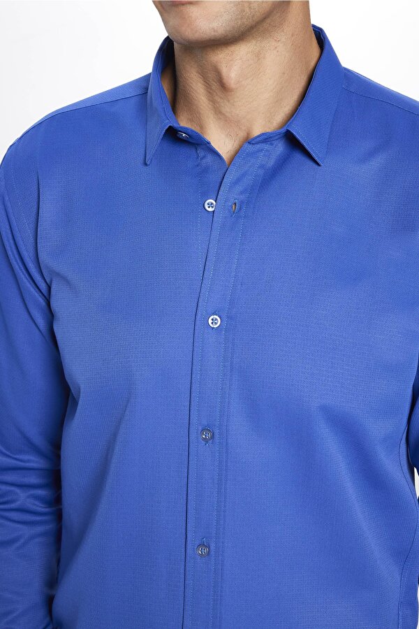 Tudors Erkek Modern Slim Fit Dar Kesim Uzun Kollu Pamuklu Kolay Ütü Armürlü Sax Mavi Gömlek