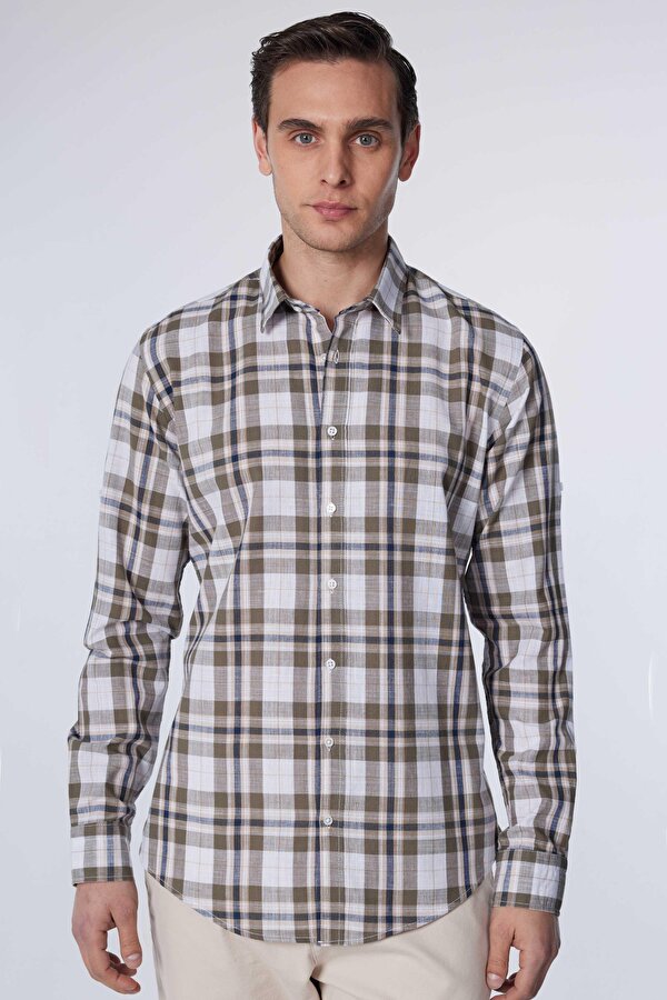 Tudors Erkek Slim Fit Dar Kesim Uzun Kollu %100 Pamuk Keten Doku Kareli Gömlek