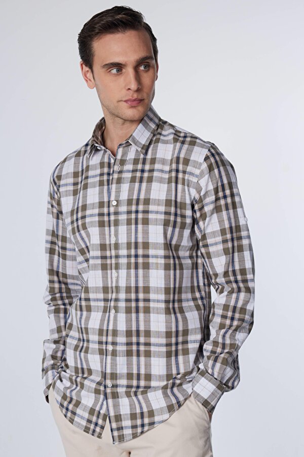 Tudors Erkek Slim Fit Dar Kesim Uzun Kollu %100 Pamuk Keten Doku Kareli Gömlek