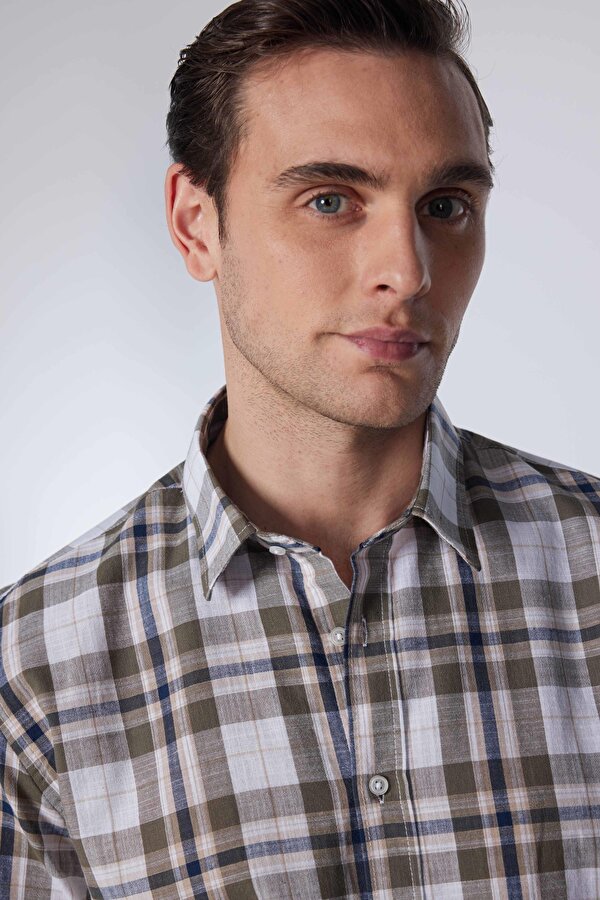 Tudors Erkek Slim Fit Dar Kesim Uzun Kollu %100 Pamuk Keten Doku Kareli Gömlek