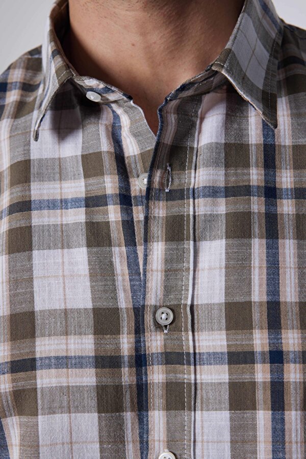 Tudors Erkek Slim Fit Dar Kesim Uzun Kollu %100 Pamuk Keten Doku Kareli Gömlek