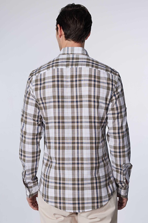 Tudors Erkek Slim Fit Dar Kesim Uzun Kollu %100 Pamuk Keten Doku Kareli Gömlek