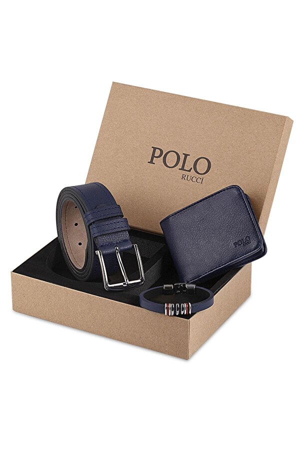 Polo Rucci Kutulu Erkek Lacivert Bileklik Kemer Cüzdan Hediye Seti