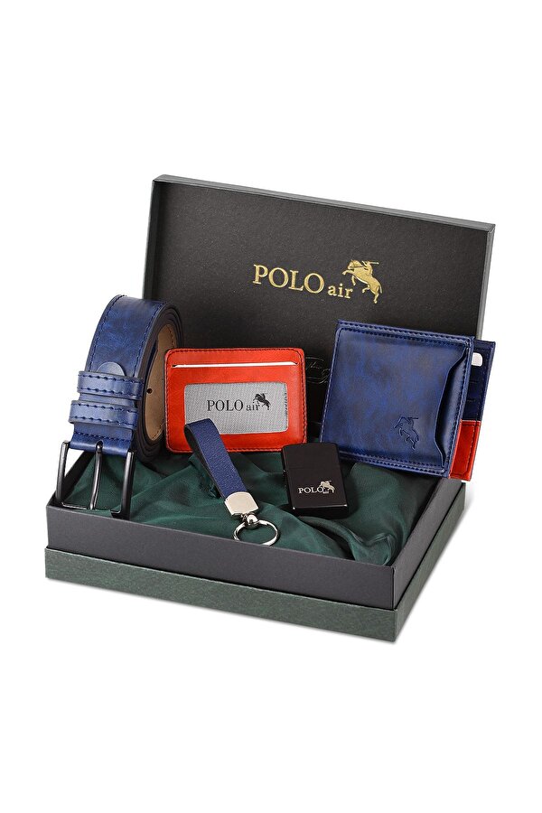 Polo Air Kemer Cüzdan Kartlık Anahtarlık Çakmak Hediyelik Kutusunda Lacivert Set