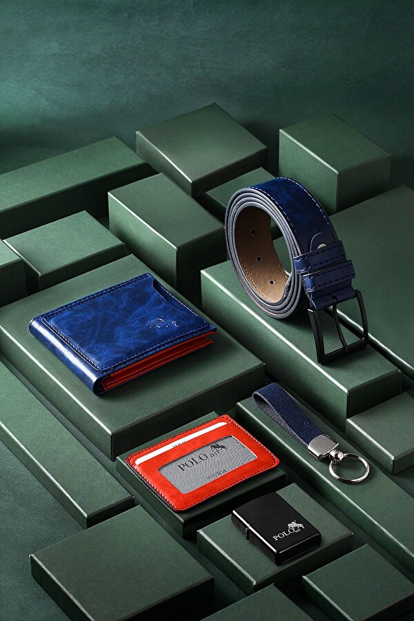 Polo Air Kemer Cüzdan Kartlık Anahtarlık Çakmak Hediyelik Kutusunda Lacivert Set