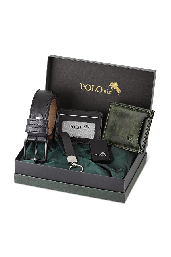Polo Air Kemer Cüzdan Kartlık Anahtarlık Çakmak Hediyelik Kutusunda Yeşil Set