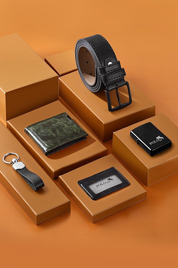 Polo Air Kemer Cüzdan Kartlık Anahtarlık Çakmak Hediyelik Kutusunda Yeşil Set