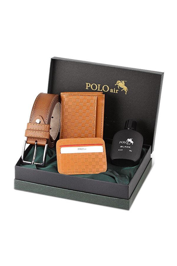Polo Air Dama Desenli Kutulu Erkek Cüzdan Kemer Kartlık Parfüm Seti Taba