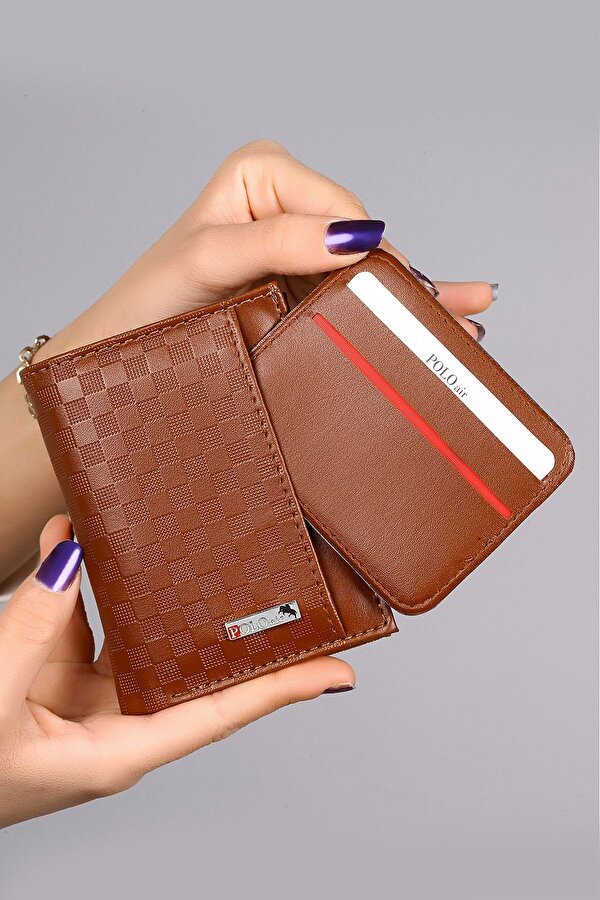 Polo Air Dama Desenli Kutulu Erkek Cüzdan Kemer Kartlık Parfüm Seti Taba