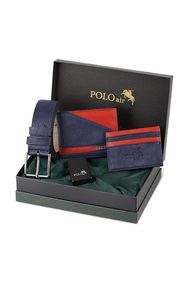 Polo Air Su Yolu Desen Cüzdan Kartlık Kemer Çakmak Kombin Lacivert Set
