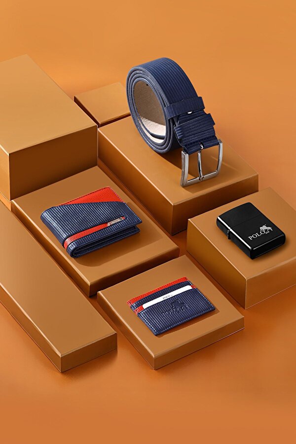 Polo Air Su Yolu Desen Cüzdan Kartlık Kemer Çakmak Kombin Lacivert Set