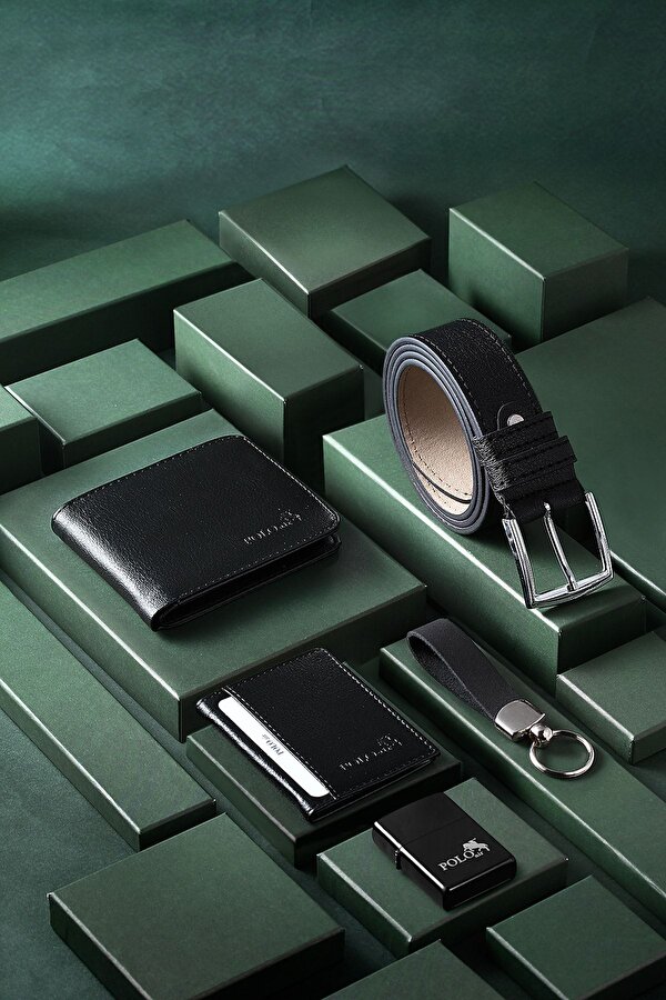 Polo Air Kutulu Klasik Erkek Çakmak Anahtarlık Cüzdan Kemer Kartlık Seti Siyah