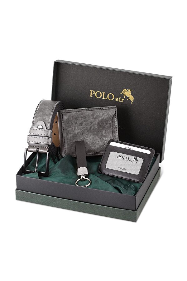 Polo Air Kutulu Erkek Kemer Cüzdan Kartlık Anahtarlık Seti Gri