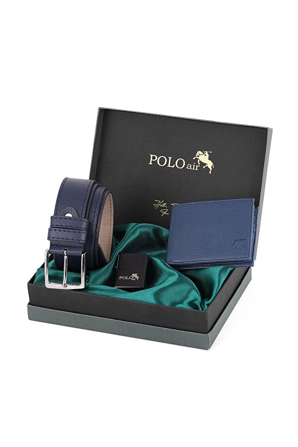 Polo Air Logolu Klasik Erkek Cüzdan Kemer Çakmak Seti Lacivert Kombin CM-17-L