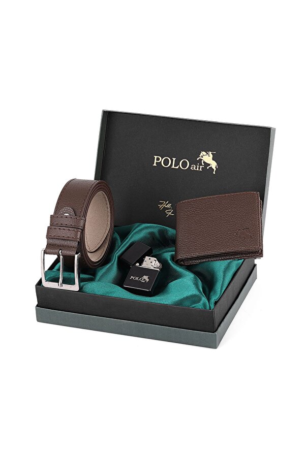 Polo Air Logolu Klasik Erkek Cüzdan Kemer Çakmak Seti Kahverengi Kombin  CM-17-K