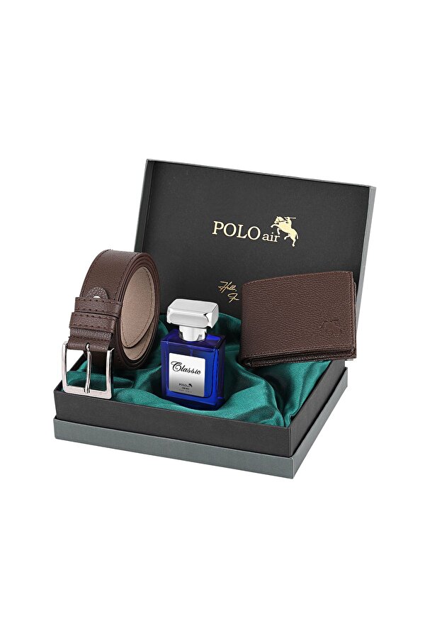 Polo Air Logolu Klasik Erkek Cüzdan Kemer Parfüm Seti Kahverengi Kombin  PM-17