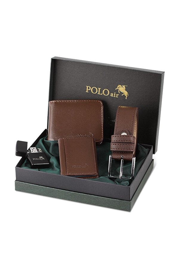 Polo Air Kutulu Kahverengi Klasik Erkek Cüzdan Kemer Kartlık Benzinli Çakmak Seti