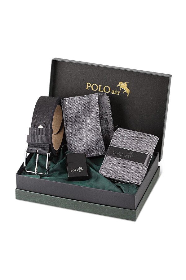 Polo Air Erkek Set Cüzdan Kemer Kartlık Benzinli Çakmak Gri Set