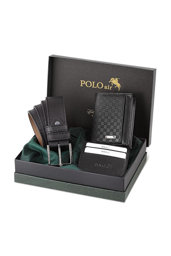 Polo Air Siyah Dama Desenli Kutulu Erkek Cüzdan Kemer Kartlık Seti