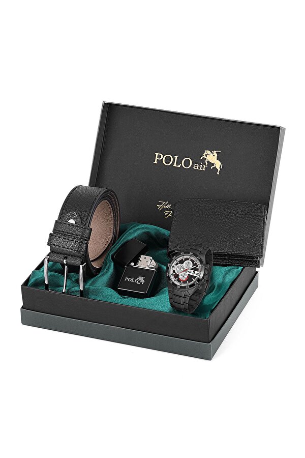 Polo Air Logolu Klasik Erkek Cüzdan Kemer Kol Saati Çakmak Seti Siyah Kombin PL-0878E1