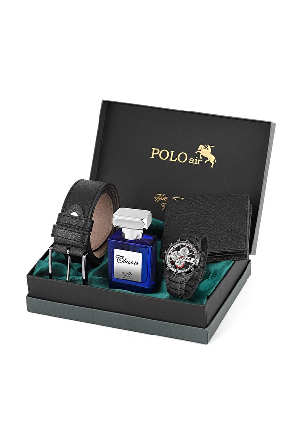 Polo Air Logolu Klasik Erkek Cüzdan Kemer Kol Saati Parfüm Seti Siyah Kombin PL-0879E1