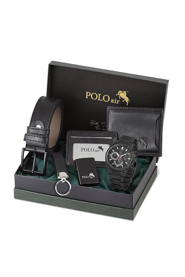 Polo Air Erkek Kol Saati Cüzdan Kemer Kartlık Anahtarlık Çakmak Kombin Siyah Set PL-0854E1