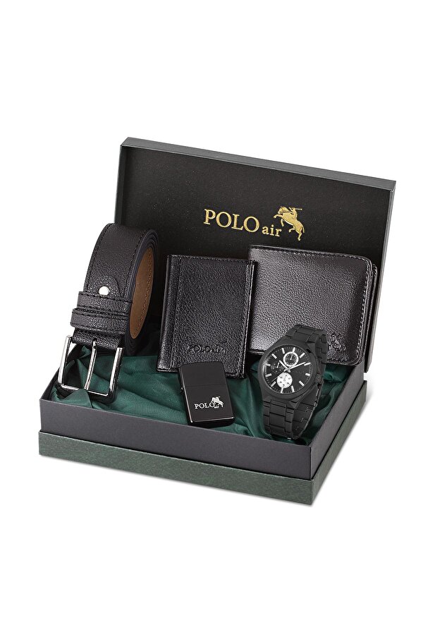 Polo Air Erkek Kol Saati Cüzdan Kemer Kartlık Çakmak Kombin Set PL-0838E1 Siyah Set
