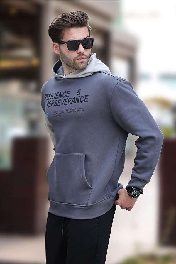 Madmext Füme Kapüşonlu Cep Detaylı Baskılı Erkek Sweatshirt 7058