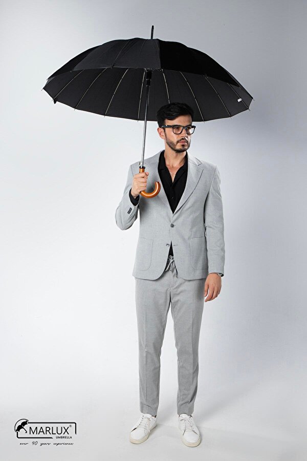 Marlux Siyah Ahşap Saplı 16 Çelik Telli Ultra Premium Lüks Erkek Baston Şemsiye M21MARMPR1025R001