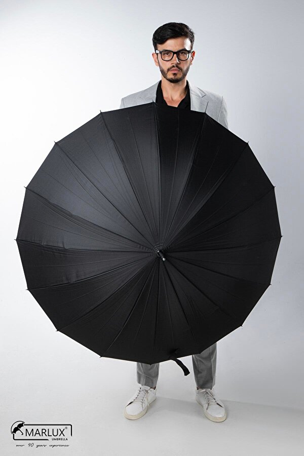 Marlux Siyah Ahşap Saplı 16 Çelik Telli Ultra Premium Lüks Erkek Baston Şemsiye M21MARMPR1025R001