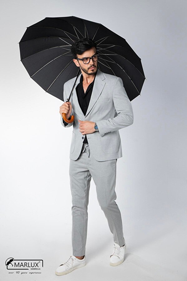 Marlux Siyah Ahşap Saplı 16 Çelik Telli Ultra Premium Lüks Erkek Baston Şemsiye M21MARMPR1025R001