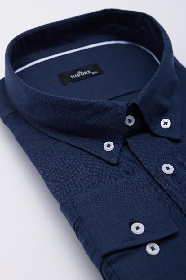 Tudors Erkek Big Size Büyük Beden Uzun Kollu %100 Pamuk Keten Doku Tek Cepli Lacivert Düğmeli Yaka Gömlek