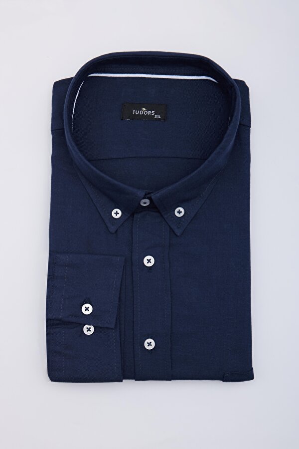 Tudors Erkek Big Size Büyük Beden Uzun Kollu %100 Pamuk Keten Doku Tek Cepli Lacivert Düğmeli Yaka Gömlek
