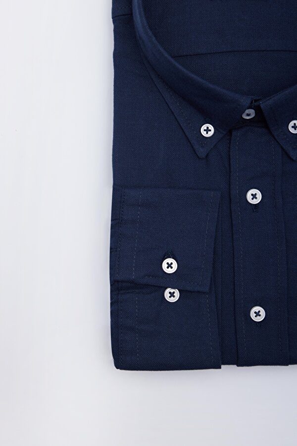 Tudors Erkek Big Size Büyük Beden Uzun Kollu %100 Pamuk Keten Doku Tek Cepli Lacivert Düğmeli Yaka Gömlek