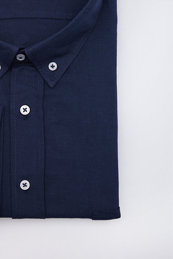 Tudors Erkek Big Size Büyük Beden Uzun Kollu %100 Pamuk Keten Doku Tek Cepli Lacivert Düğmeli Yaka Gömlek