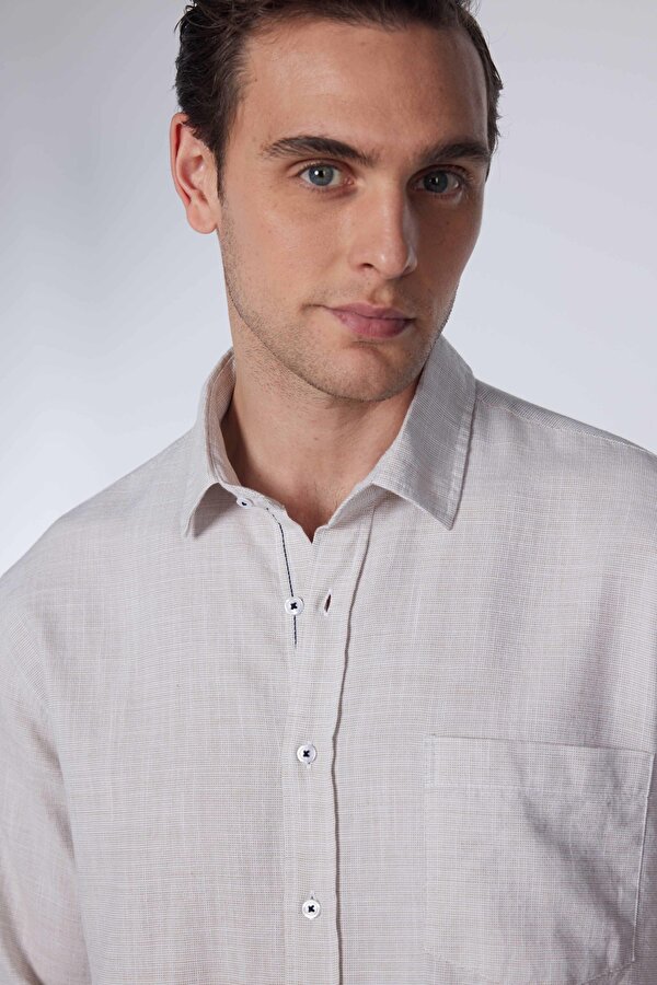 Tudors Erkek Klasik Fit Normal Kesim Uzun Kollu %100 Pamuk Keten Doku Yeşil Gömlek