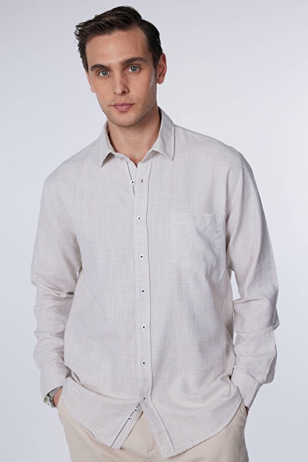 Tudors Erkek Klasik Fit Normal Kesim Uzun Kollu %100 Pamuk Keten Doku Yeşil Gömlek