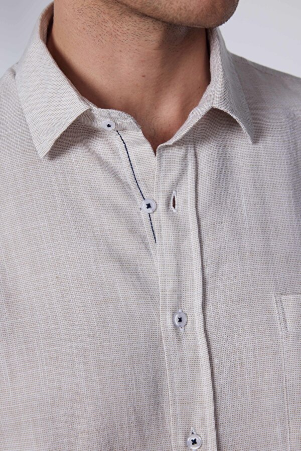 Tudors Erkek Klasik Fit Normal Kesim Uzun Kollu %100 Pamuk Keten Doku Yeşil Gömlek