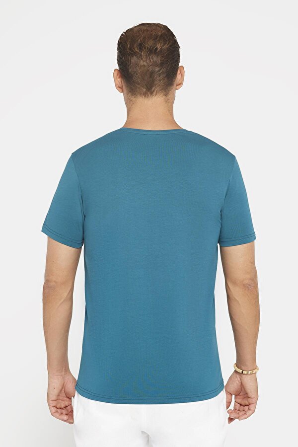 Tudors Erkek Slim Fit Dar Kesim Pamuklu Yumuşak Doku Likralı Esnek Kumaş Basic Petrol Bisiklet Yaka Tişört