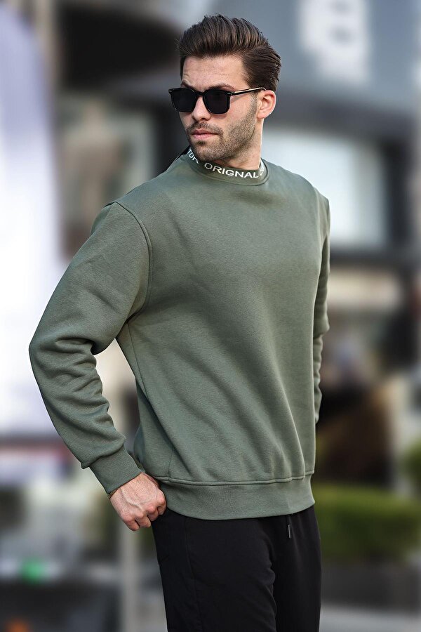 Madmext Haki Bisiklet Yaka Şardonlu Erkek Sweatshirt 7047