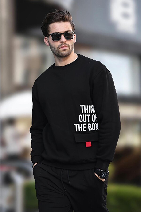 Madmext Siyah Bisiklet Yaka Şardonlu Cep Detaylı Baskılı Erkek Sweatshirt 7061