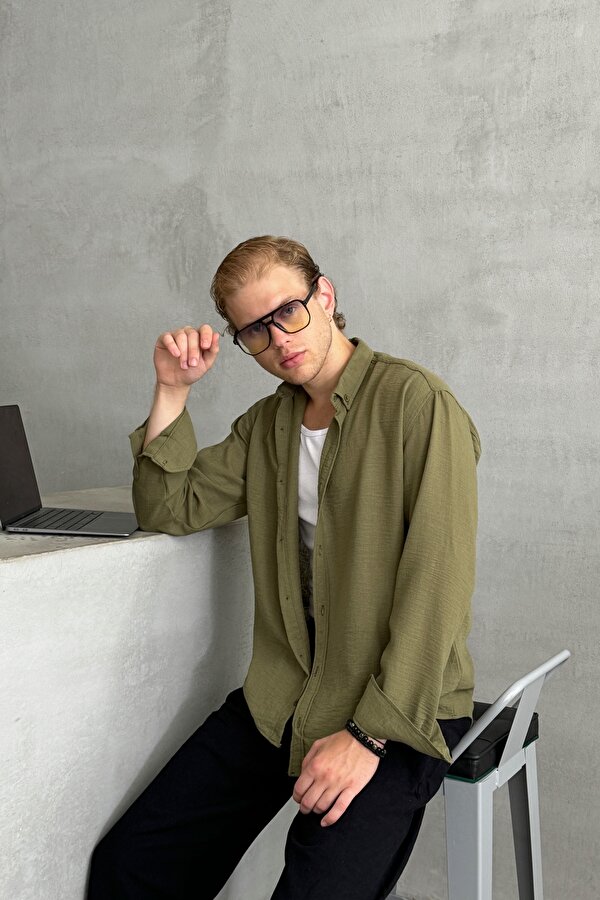 HYMAN Erkek Oversize Kesim Keten Görünümlü Gömlek