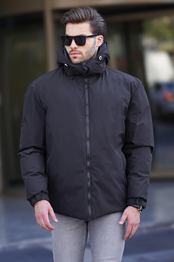 Madmext Siyah Kapüşonlu Oversize Erkek Şişme Mont 7237